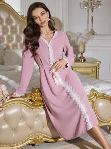 PalaceNights Color Block Lace Trim V-Neck Long Sleeve Women Sleepwear With Tassel Belt