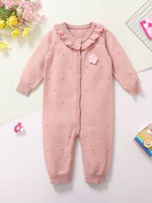 女宝宝花卉针织连体衣，可爱百搭的秋冬季保暖连体衣 - 粉色 - 查看 1