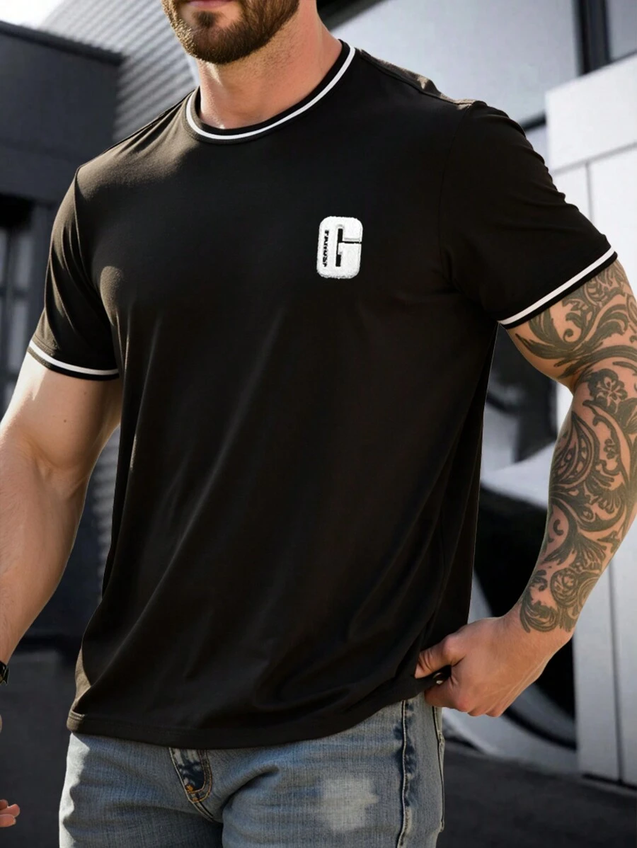 Manfinity LEGND Plus Size Men's Casual Color Block Letter Trim Short Sleeve T-Shirt - Black - View 1