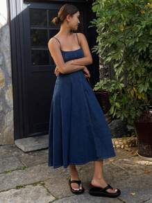 DAZY Vestido-mono casual de mezclilla con pliegues y largo vestido de tela vaporosa para mujer
