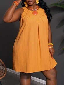 Slaydiva New 2025 Vacation & Casual & Minimalist & Solid Color Plus Size Women Textured Orange A-Line Loose Sleeveless Babydoll Dress Spring/Summer - Orange - View 8