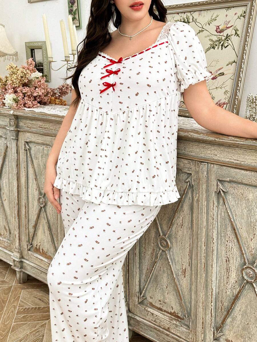 CottageSlumber Conjunto de pijama de pantalón largo y blusa de manga corta con acento de lazo y bloques de color en talla grande - Rojo y blanco - Ver 1