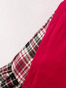 SHEIN Young Girl Casual Plaid Print Short Sleeve Dress & Round Neck Short Sleeve Knitted Plaid Skirt Hemline Dress, Suitable For Spring And Summer