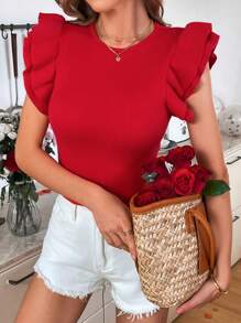 SHEIN LUNE Women's Casual Fitted Cap Sleeve Knit Sweater, Versatile, Valentine's Day Couple Red Spring Crop Top, Summer, For Gifts New Year - Red - View 5