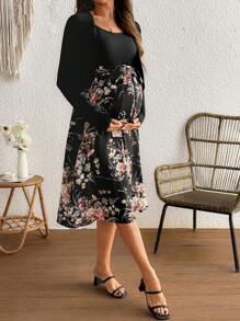 SHEIN Summer Women 2pcs Set Printed Elastic Suspender Skirt & Ditsy Floral V-Neck Long Dress, Maternity-Friendly - Multicolor - View 5