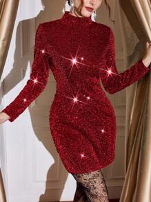 Vintamour Vestido corto ajustado minimalista con cuello alto, manga larga y decoración de lentejuelas para el Día de San Valentín, cumpleaños, Carnaval, fiestas y conciertos para mujeres.