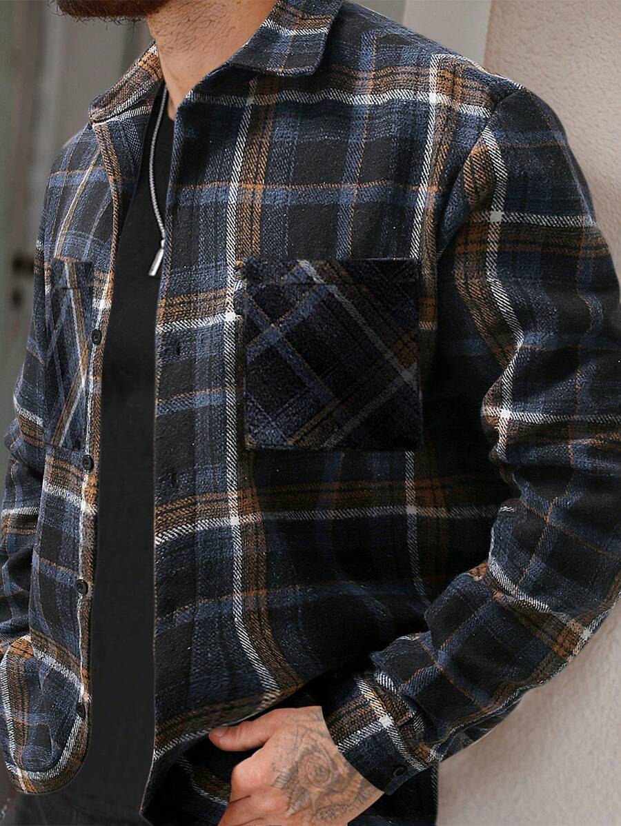 Manfinity Homme Giacca camicia casual da uomo con bottoni frontali, maniche lunghe e tasche, a quadri