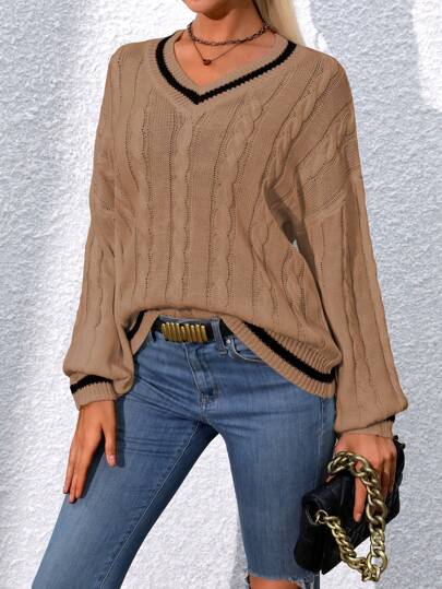 SHEIN LUNE Suéter informal de bloque de color con hombros caídos para otoño/invierno, jersey de punto de otoño