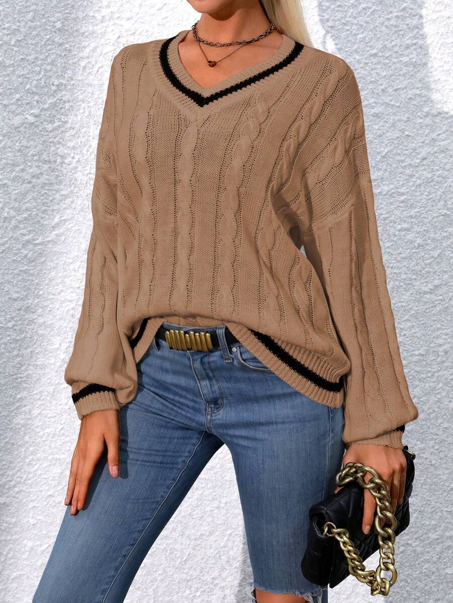 SHEIN LUNE Casual Color Block Drop Shoulder Sweater For Autumn/Winter Knit Pullover Fall Sweater - Camel - View 1