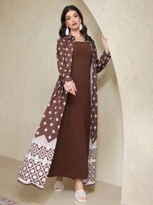Al Najma 1 Set Women's Full Print Long Sleeve Jacket & Dress Arabic Style Outfit