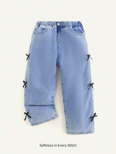 Cozy Pixies Young Girl Retro Stonewashed Blue Baggy Soft Denim Jeans With Side Cute Bowknot, Fall Back To School