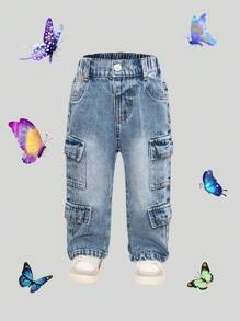 Baby Girls Casual Loose Straight Leg Denim Jeans With Multiple Pockets - Medium Wash - View 1