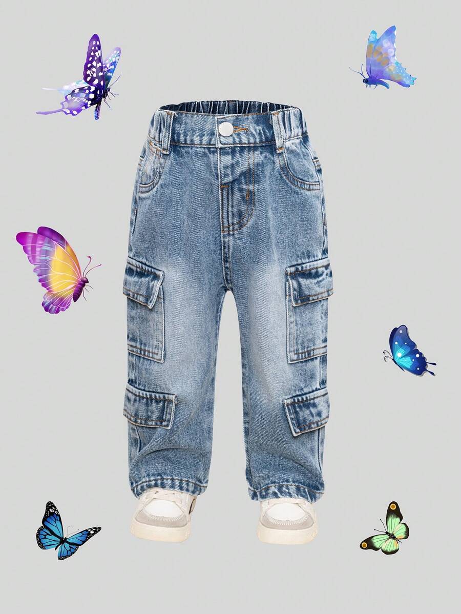 Baby Girls Casual Loose Straight Leg Denim Jeans With Multiple Pockets - Medium Wash - View 1