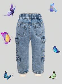 Baby Girls Casual Loose Straight Leg Denim Jeans With Multiple Pockets - Medium Wash - View 2