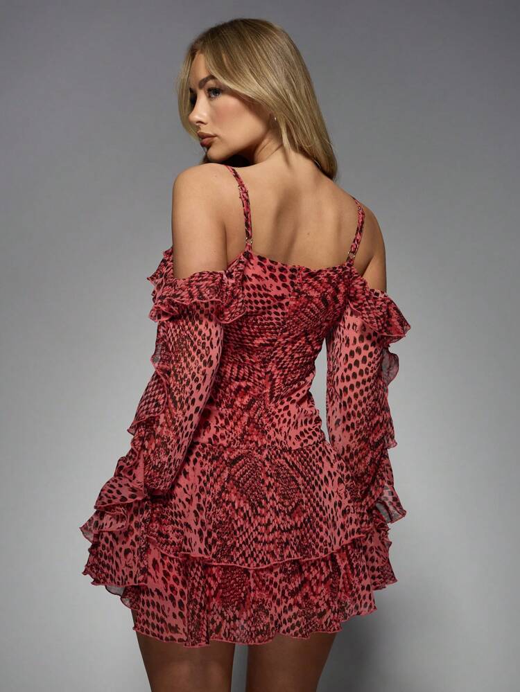 MISSGUIDED Animal Print Ruffle Off Shoulder Lace Up Mini Dress Christmas