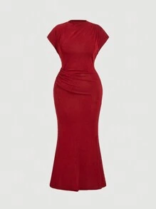 SHEIN MOD Plus Size Women Pleated Waist Long Sleeve Dress, Ankle-Length Ruched Mock Neck Dress,New Years Women Outfit,Red Dresses Classy Elegant,Chinese New Year Dress Love/Lover,Valentine,