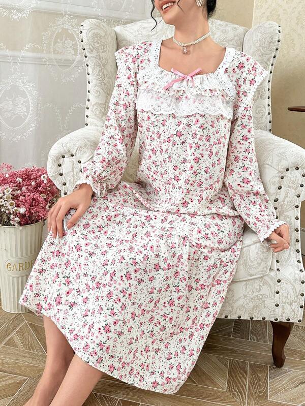 CottageSlumber CottageSlumber Camisón de mujer con estampado floral de margaritas arrugado, decorado con moño, elegante y acogedor para el otoño