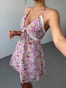 Breezaya Đầm hở lưng hở vai họa tiết ren hoa thanh lịch mùa hè cho nữ - Hồng - Xem 1