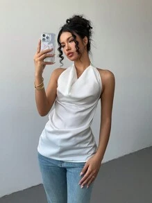 SHEIN Unity 女士纯色优雅挂脖围巾吊带背心 - 香檳色 - 查看 1