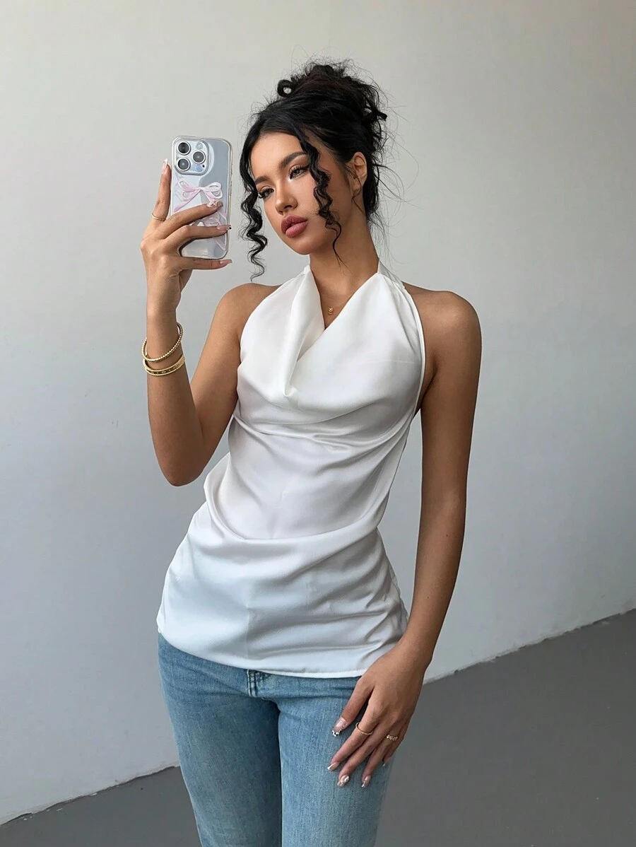 SHEIN Unity 女士纯色优雅挂脖围巾吊带背心 - 香檳色 - 查看 1