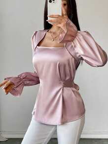 Chiquease Damen Bluse, elegant, glänzend, mit Bindeband, Schmetterling Rüschenärmeln, Langarm, Herbst/Winter - Pink - Übersicht 4