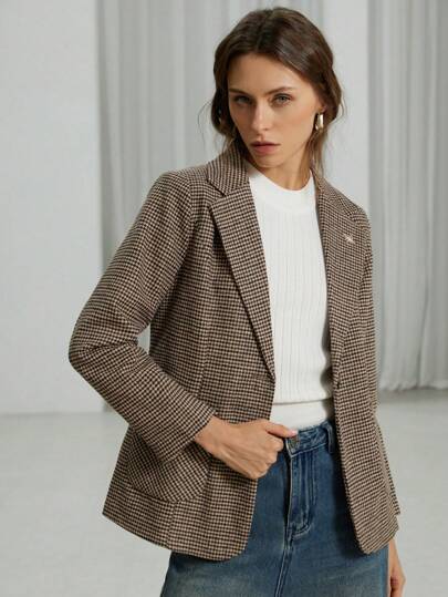 Aveloria Houndstooth Lapel Collar Dual Pockets Blazer Without Belt Workwear  Fall Cloth For Women