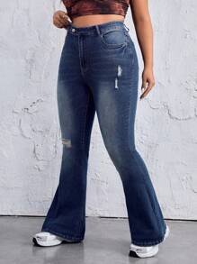 SHEIN EZwear Plus Size Women Pocket Distressed Flare Jeans