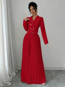 Elenzga 2pcs Women's Set With Waist Cinching Button, Pleated Asymmetric Design Fall Cloth For Women - Red - View 4