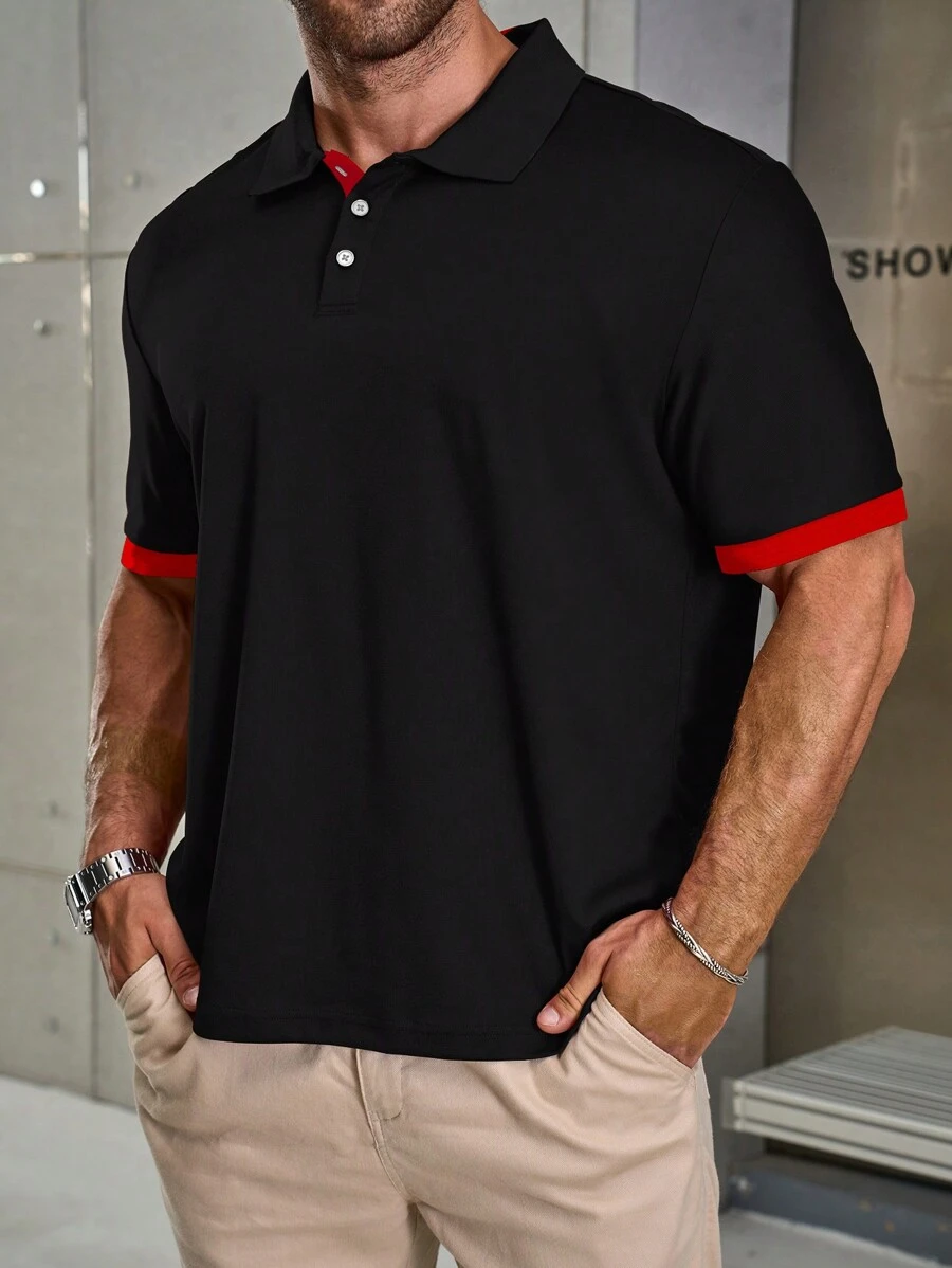 Manfinity Homme Plus Size Men's Solid Color Button Placket Short Sleeve Polo Shirt - Black - View 1