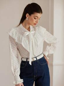 Aveloria Rosie Elegant Embroidery Floral Ruffle Cuff Drawstring Collar Bow Front Blouse For Women Fall Cloth For Women - White - View 6