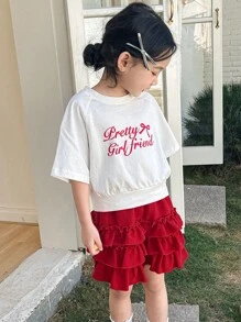 DAZY Set de 2 piezas con blusa de cuello redondo y manga corta con estampado de letras y shorts casual para niñas, conjunto de ropa de verano para niñas