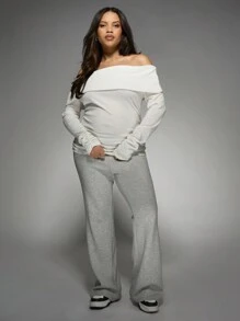 MISSGUIDED MISSGUIDED PLUS Blusa de manga larga con hombros descubiertos, cuello Bardot, fruncido, de punto suave para uso informal, de talla grande, moda de invierno y otoño con estiramiento