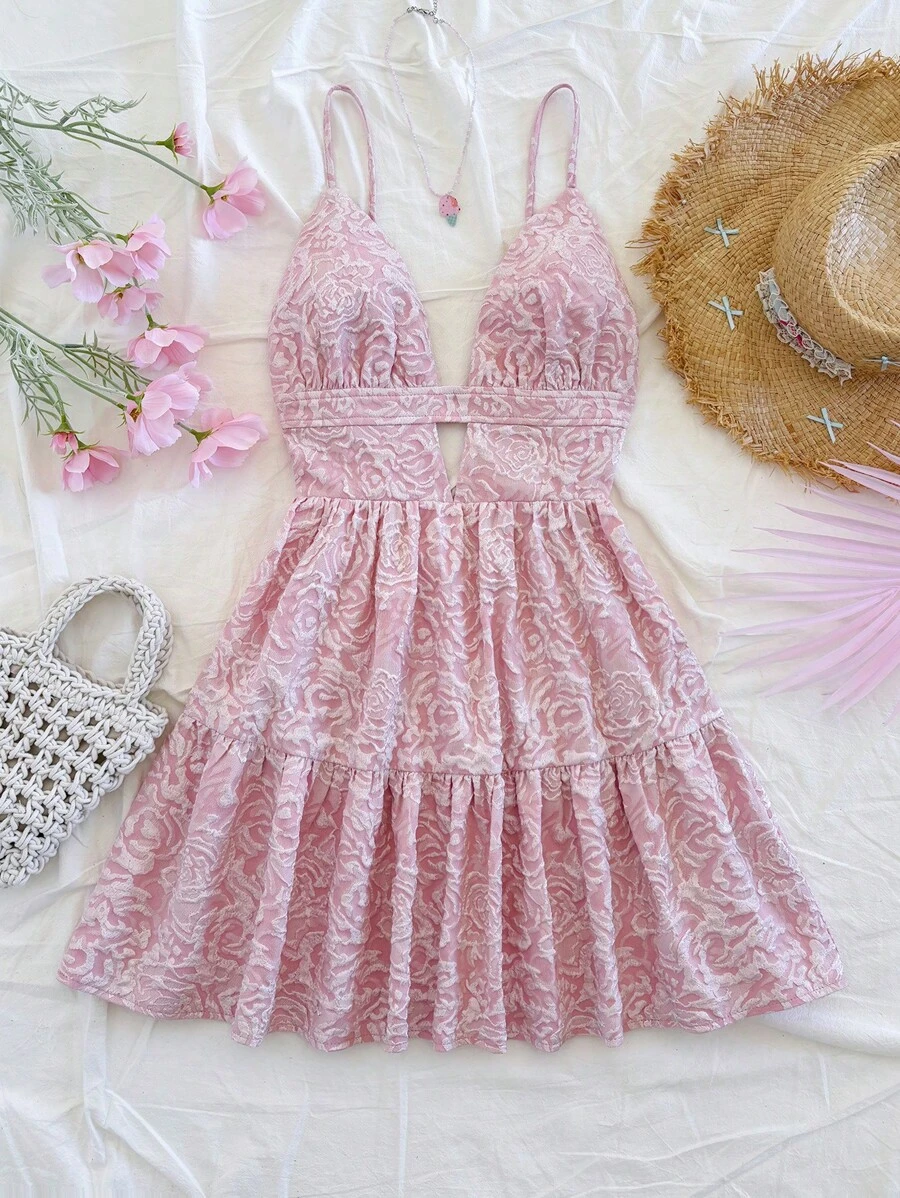 Soleia 女士粉红玫瑰印花压花吊带裙可爱连衣裙，度假和情人节风格 - 淺粉色 - 查看 1