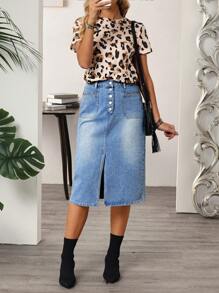 SHEIN LUNE Women's Front Button Pocket Split Hem Simple Casual Denim Skirt - Blue - View 6