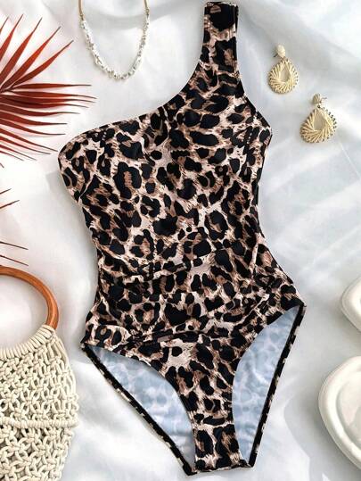 SHEIN Teenage Girls' Leopard Print Asymmetrical Neck Ruched Waist Beach Vacation Casual One-Piece Swimsuit