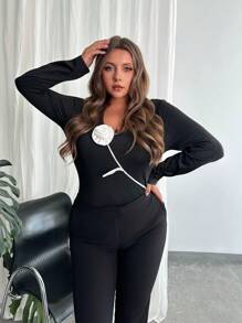 Firerie 大码女式优雅休闲 3D 花卉 U 领撞色长袖修身 T 恤，秋冬 - 黑色 - 查看 1