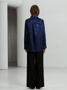 Aveloria Jacquard Button Front Shirt Workwear Elegant Business Casual Women Button Up Shirt Women  - Navy Blue - View 3