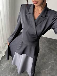 Modelyn 女士 2 件套：纯色立领长袖夹克和撞色迷你裙，优雅秋季服装 2 件套 - 灰色 - 查看 5