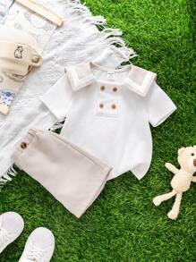 2pcs Baby Boy/Girl Cute Summer Casual Holiday Navy Collar Contrast Color Short Sleeve Shirt And Elastic Waist Shorts Set, Suitable For Birthday Party, Evening Party, Performance, Wedding, Baby Shower, One-Year-Old Celebration