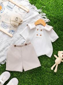 2pcs Baby Boy/Girl Cute Summer Casual Holiday Navy Collar Contrast Color Short Sleeve Shirt And Elastic Waist Shorts Set, Suitable For Birthday Party, Evening Party, Performance, Wedding, Baby Shower, One-Year-Old Celebration