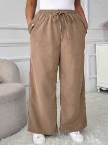 SHEIN LUNE 女式大码休闲编织斜纹侧袋抽绳腰部宽松裤，秋季