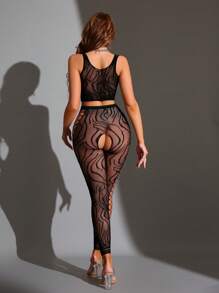2件套女士性感透明网眼无袖上衣和紧身裤套装，适合外出穿着