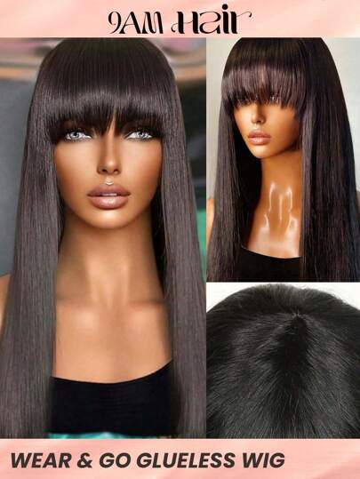 Straight Human Hair Wigs With Bangs Affordable Hair Replacement Wig For Women Cheap Silky Wig For Beginner Friendly Natural Black Color