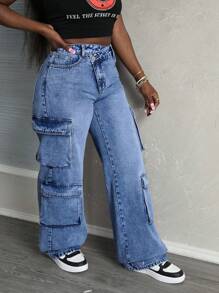 SHEIN Tall Asymmetric Waist Washed Denim Jeans With Cargo Pockets