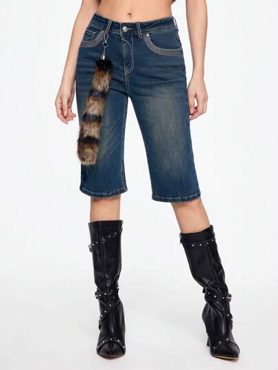 Grunge Punk Pantalones pitillo de 7/8 de longitud con borde con cremallera y cola de pelo sintético vintage distressed estilo Y2K de la época del Milenio