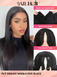 Straight V Part Wig 150 Density Natural Black Color No Leave Out 4.5x2 Nature Color Lace Human Hair