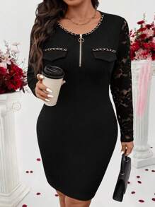 SHEIN Clasi Vestido ajustado elegante de encaje y parche en talla grande para el Día de San Valentín