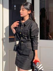 DAZY Rochie midi casual din denim, cu buzunare, pentru femei, toamna - Negru - Vizualizare 3