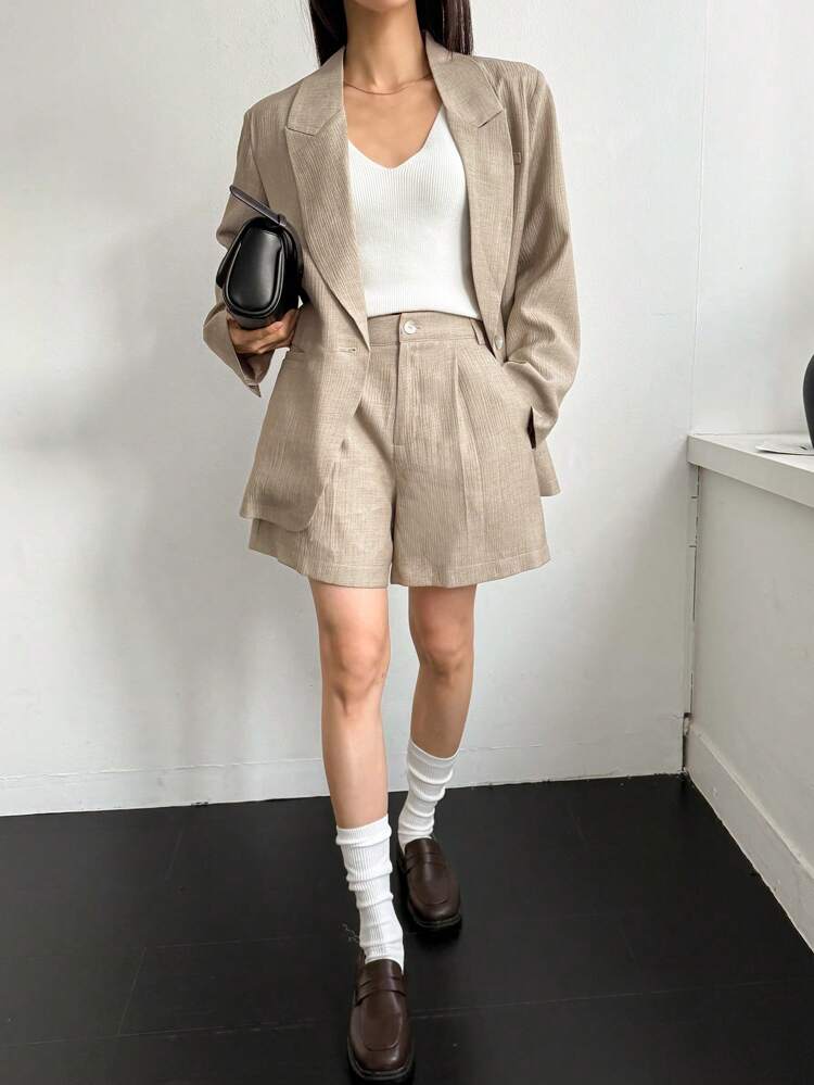 Loose & Minimalist Business Casual Suit Set: Blazer And Straight Knee Length Pants For Women Old Money Linen