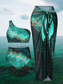 Swim Oasis Summer Beach Plus Size Women's Marble Print One Shoulder Sleeveless Bikini Set 3pcs/Set - Multicolor - View 1